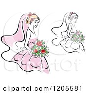 Clipart Of Brides With Flowers And Wedding Gowns Royalty Free Vector Illustration