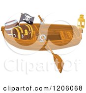 Wooden Pirate Row Boat With A Treasure Chest And Flag