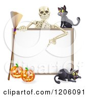 Poster, Art Print Of Skeleton Pointing Down To A Halloween Sign With Black Cats A Broomstick And Pumpkins