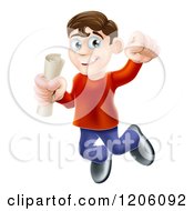 Cartoon Of A Happy Young Brunette Man Jumping With A Scroll In Hand And Punching The Air Royalty Free Vector Clipart