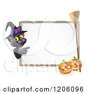 Black Cat Wearing A Witch Hat And Pointing To A Halloween Sign With Pumpkins And A Broomstick