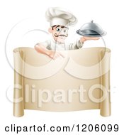 Poster, Art Print Of Happy Young Chef With A Mustache Holding A Platter And Pointing Down At A Scroll Sign