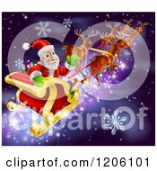 Poster, Art Print Of Santa Looking Back And Waving While Flying In His Sleigh Over Snow And Stars