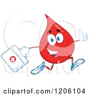 Cartoon Of A Happy Blood Drop Running With A First Aid Kit Royalty Free Vector Clipart
