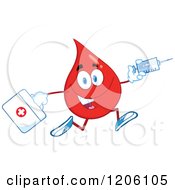 Happy Blood Drop Running With A First Aid Kit And Syringe