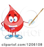 Cartoon Of A Happy Blood Or Hot Water Drop Using A Pointer Stick Royalty Free Vector Clipart