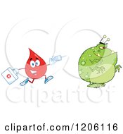 Poster, Art Print Of Happy Blood Or Hot Water Drop Chasing A Virus With A Syringe