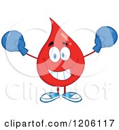 Cartoon Of A Happy Blood Or Hot Water Drop Cheering In Boxing Gloves Royalty Free Vector Clipart