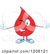 Cartoon Of A Happy Blood Or Hot Water Drop Winking And Holding Two Thumbs Up Royalty Free Vector Clipart