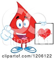 Cartoon Of A Happy Blood Drop Holding A Heart Graph Royalty Free Vector Clipart