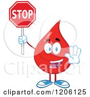 Cartoon Of A Happy Blood Or Hot Water Drop Holding A Stop Sign Royalty Free Vector Clipart