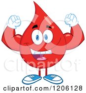 Cartoon Of A Happy Blood Or Hot Water Drop Flexing Royalty Free Vector Clipart