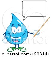 Cartoon Of A Happy Blue Water Drop Talking And Holding A Pointer Stick Royalty Free Vector Clipart