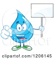 Cartoon Of A Happy Blue Water Drop Pointing Outwards And Holding A Sign Royalty Free Vector Clipart