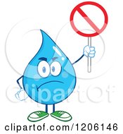 Cartoon Of A Mad Blue Water Drop Holding A Prohibited Sign Royalty Free Vector Clipart by Hit Toon