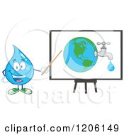 Cartoon Of A Happy Blue Water Drop Pointing To A Faucet Globe On A Board Royalty Free Vector Clipart by Hit Toon