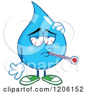 Cartoon Of A Sick Blue Water Drop With A Thermometer Royalty Free Vector Clipart