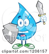 Poster, Art Print Of Happy Blue Water Drop With A Sword And Shield