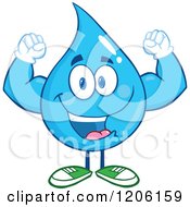 Cartoon Of A Happy Blue Water Drop Flexing Royalty Free Vector Clipart