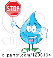 Cartoon Of A Happy Blue Water Drop Holding A Stop Sign Royalty Free Vector Clipart