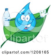 Cartoon Of A Happy Blue Water Drop Holding A Bottled Water On A Leaf Royalty Free Vector Clipart