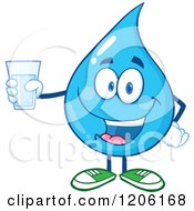 Cartoon Of A Happy Blue Water Drop Holding A Glass Of Water Royalty Free Vector Clipart