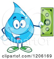 Cartoon Of A Happy Blue Water Drop Holding A Dollar Bill Royalty Free Vector Clipart