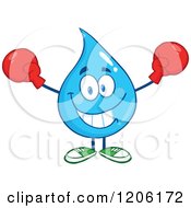 Cartoon Of A Happy Blue Water Drop Cheering In Boxing Gloves Royalty Free Vector Clipart by Hit Toon