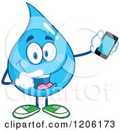 Poster, Art Print Of Happy Blue Water Drop Holding And Pointing To A Cell Phone