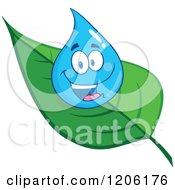 Cartoon Of A Happy Blue Water Drop On A Leaf Royalty Free Vector Clipart by Hit Toon
