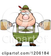 Cartoon Of A Happy Chubby Oktoberfest German Man Holding Two Beers Royalty Free Vector Clipart