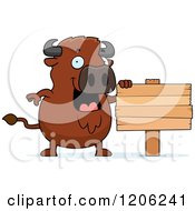 Cartoon Of A Chubby Buffalo With A Wood Sign Royalty Free Vector Clipart