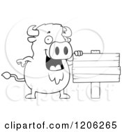 Poster, Art Print Of Black And White Chubby Buffalo With A Wood Sign