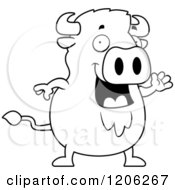 Cartoon Of A Black And White Chubby Buffalo Waving Royalty Free Vector Clipart