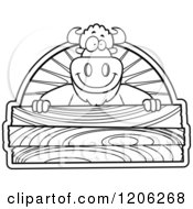 Cartoon Of A Black And White Happy Buffalo Over A Wooden Sign Royalty Free Vector Clipart