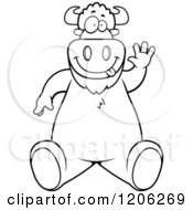 Cartoon Of A Black And White Buffalo Sitting And Waving Royalty Free Vector Clipart