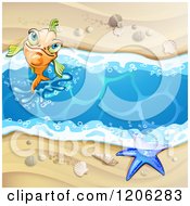 Poster, Art Print Of Happy Orange Fish Jumping From A Beach Stream With A Starfish Sand And Shells