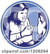 Clipart Of A Retro Woodcut Businessman And Woman Talking In A Blue Circle Royalty Free Vector Illustration