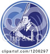 Clipart Of A Retro Woodcut Black Businessman Flag Bearer And People In A Blue Circle Royalty Free Vector Illustration