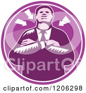 Poster, Art Print Of Retro Woodcut Black Businessman With Folded Arms And Arrows In A Purple Circle