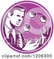 Poster, Art Print Of Retro Woodcut Businessman Juggling Balls Inside A Purple Circle