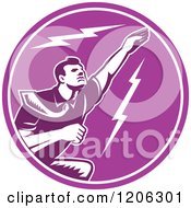 Clipart Of A Retro Woodcut Businessman Flying In A Lighting Circle Of Purple Royalty Free Vector Illustration by patrimonio