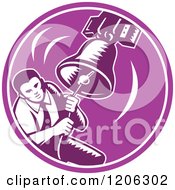 Clipart Of A Retro Woodcut Businessman Ringing A Liberty Bell In A Purple Circle Royalty Free Vector Illustration