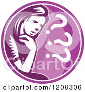 Poster, Art Print Of Retro Woodcut Woman Thinking And Worrying In A Purple Circle