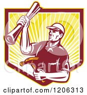 Retro Strong Carpenter Man Holding A Hammer And Blueprints Over A Ray Shield Crest