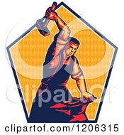 Retro Blacksmith Worker Man Striking An Anvil With A Sledgehammer Over A Triangle Patterned Pentagon