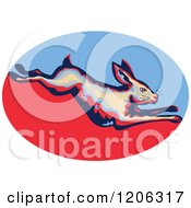 Poster, Art Print Of Retro Leaping Rabbit Over A Blue And Red Oval