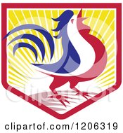 Poster, Art Print Of Blue White And Red Crowing Rooster In A Crest Shield Of Sunshine