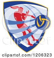 Poster, Art Print Of Retro Female Volleyball Player Spiking A Ball Inside A Crest Shield