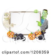 Poster, Art Print Of Happy Frankenstein Mummy Pumpkins And Black Cat Around A Blank Sign